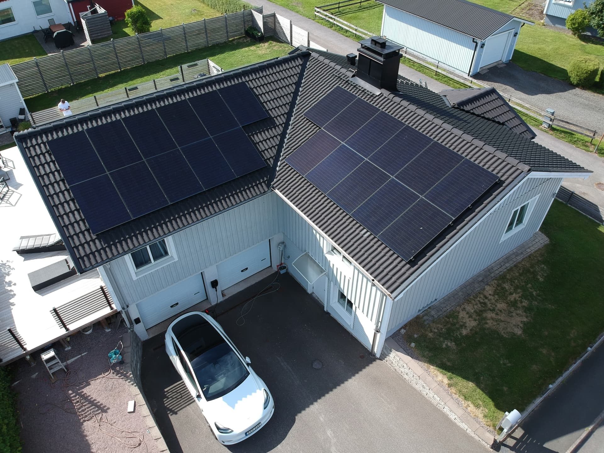 A white house with solar panels on the roof and a white electric car parked in the driveway. A Zaptec Go is mounted on the wall next to the car.