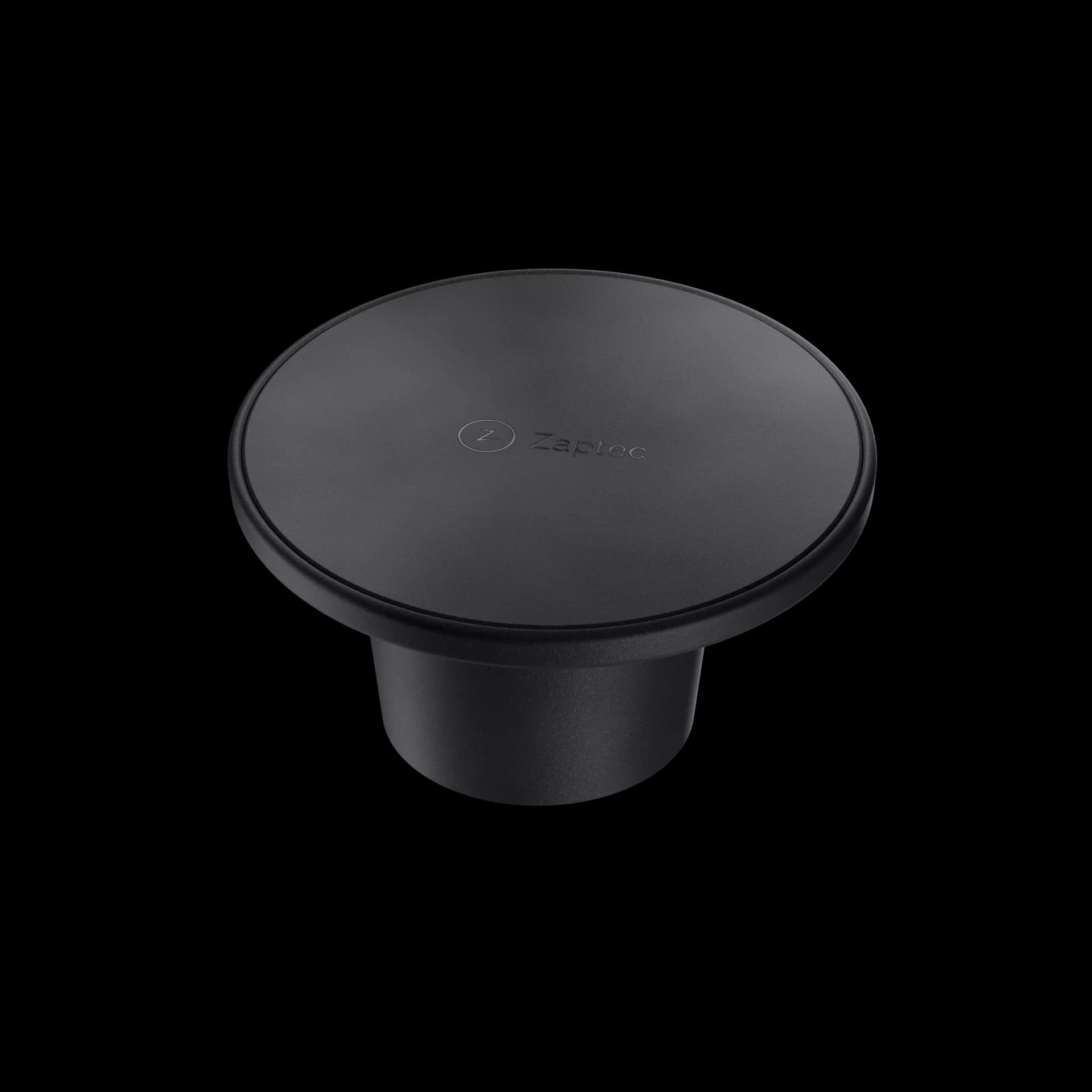 Sort rund kabelholder, med Zaptec logo i midten. Bilde tatt fra siden