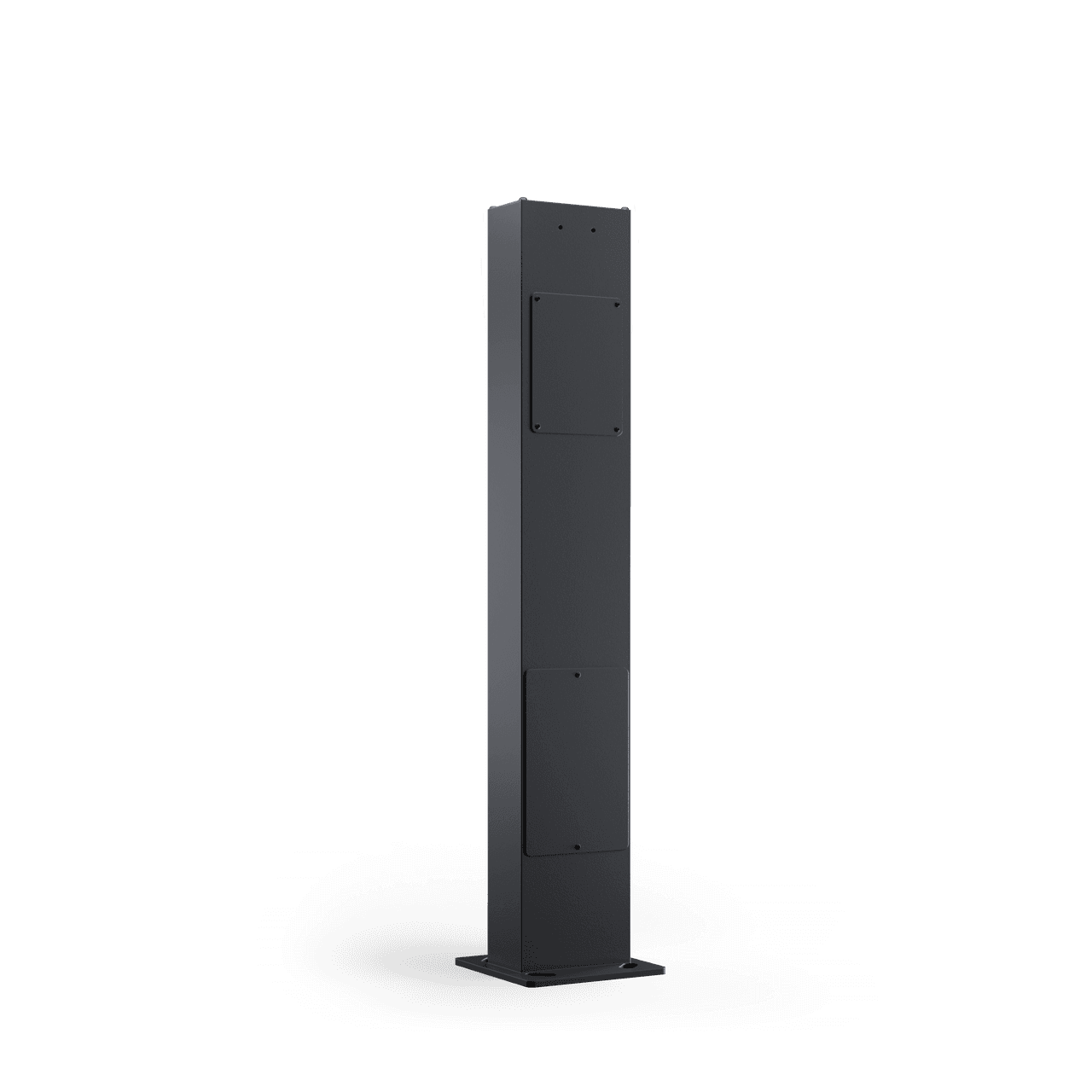 Zaptec Column en mattsvart rektangulär stolpe för laddboxar står i vinkel så att stolpens djup syns