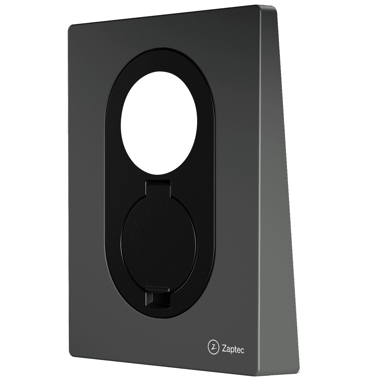 Zaptec frontdeksel i fargen grå (Rock Grey), avbildet fra siden mot hvit bakgrunn, med Zaptec-logo nederst i høyre hjørne.