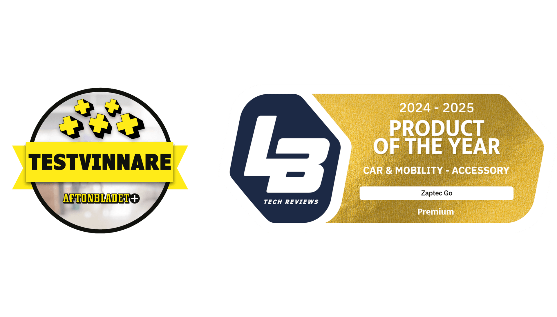 Testvinner-logoer som viser utmerkelser Zaptec har mottatt: 'testvinnare' fra Aftonbladet og 'Product of the year' fra Tech Reviews