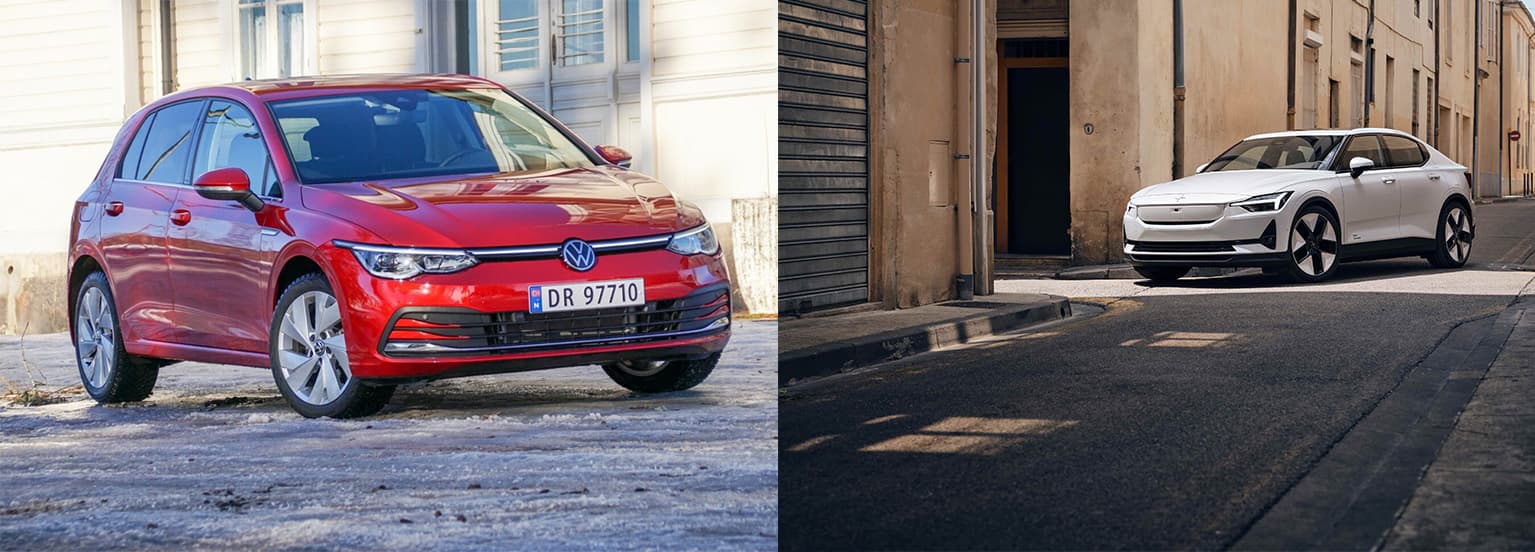 Två bilder på bilar sida vi sida. Den vänstra bilden visar en röd Volkswagen Golf och den hörga en vit Polestar 2