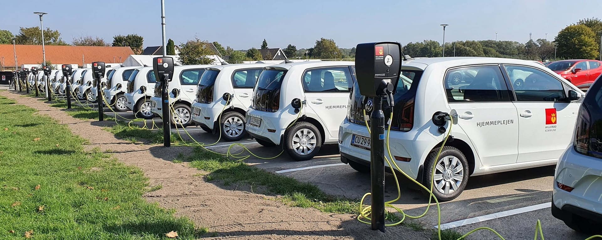 En rekke hvite elbiler står parkert og lades med Zaptec Pro-ladere på en utendørs parkeringsplass ved en grønn gressplen. Alle bilene tilhører samme bilflåte og er koblet til med ladekabler.