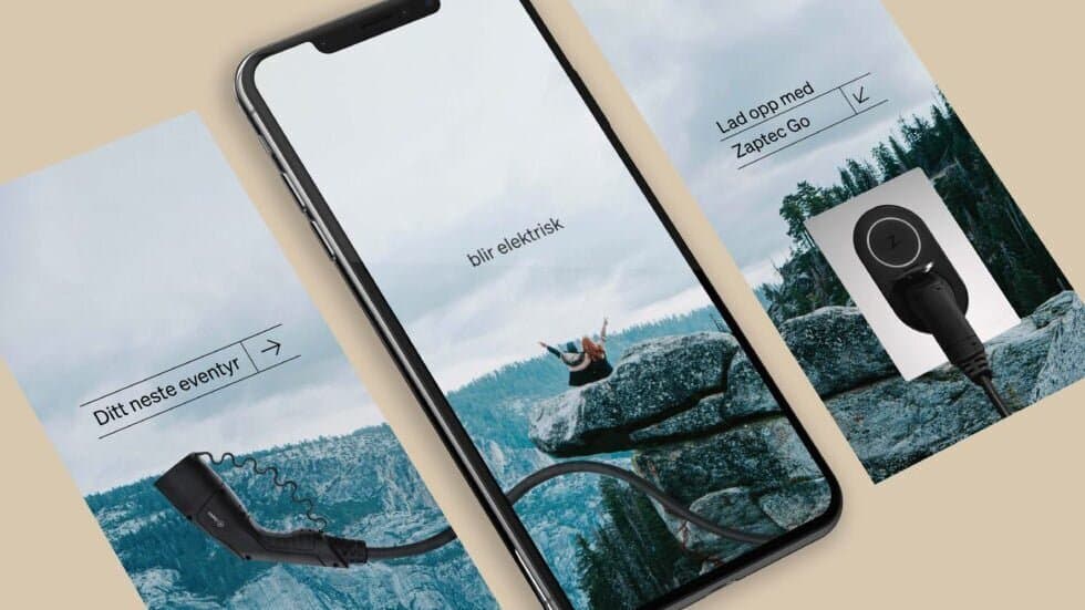Tre mobilskjermer viser en Zaptec Go-kampanje med bakgrunnsbilde av en person som sitter på en fjellkant med armene hevet mot et norsk fjordlandskap. Teksten "Ditt neste eventyr?" og "blir elektrisk" vises sammen med bilde av en ladekabel og en Zaptec Go-lader.