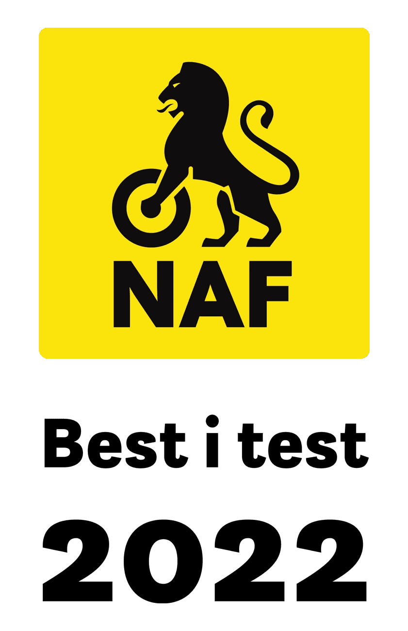 NAF-logo med en svart løve som holder et hjul, plassert på en gul bakgrunn med teksten "NAF" under symbolet.