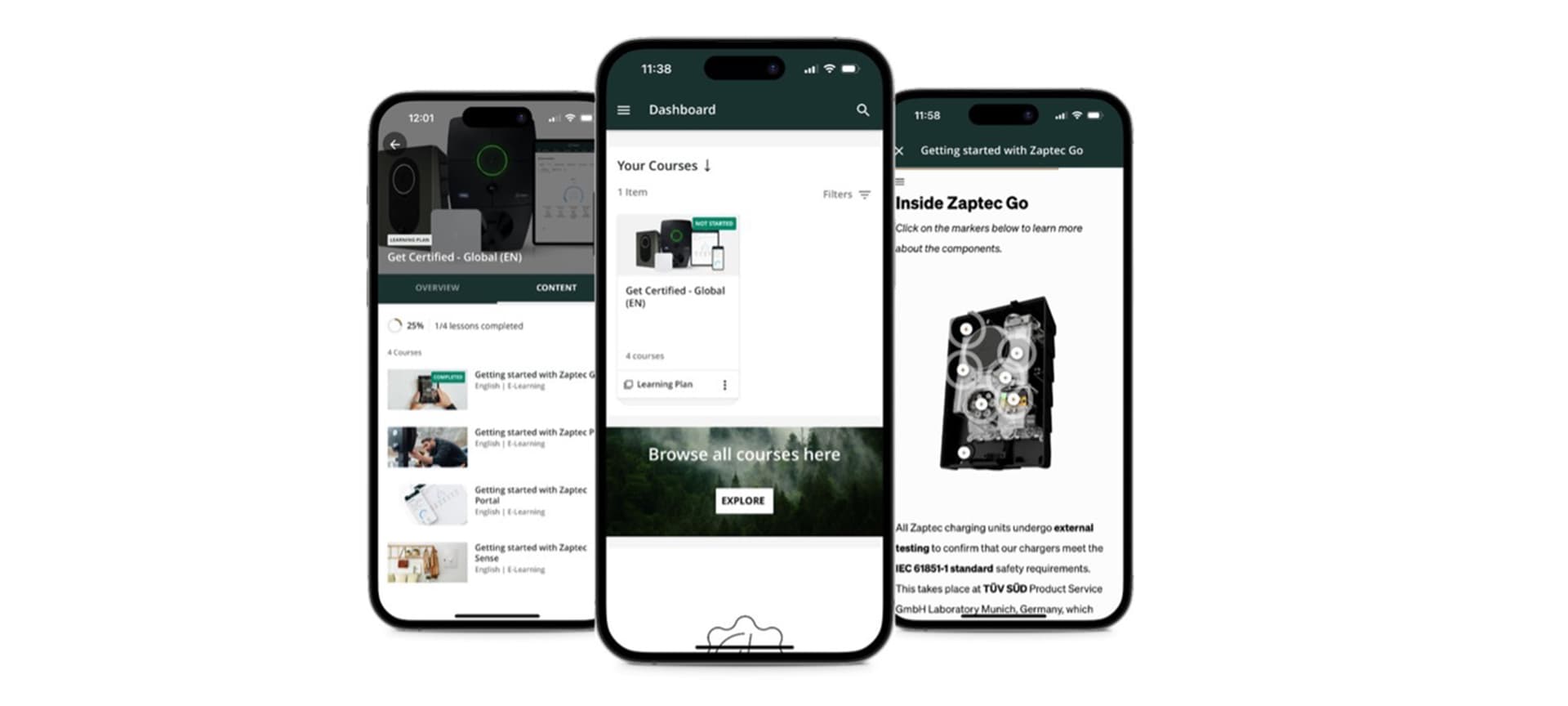 Tre mobiltelefoner som viser Zaptecs digitale læringsplattform med kurs og produktinformasjon.